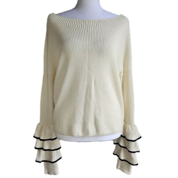 Express Ruffle Sleeve Knit Sweater Women's Small Boatneck Tiered Cuffs Chic NWT - Picture 1 of 8
